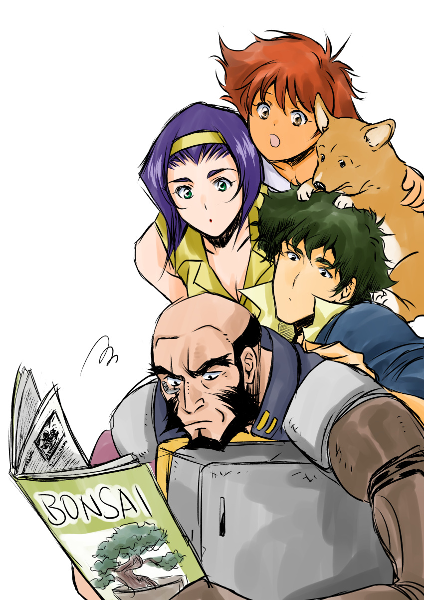 2girls absurdres animal beard bonsai cowboy_bebop dog edward_wong_hau_pepelu_tivrusky_iv ein_(cowboy_bebop) facial_hair faye_valentine female_child green_eyes green_hair highres jet_black magazine_(object) multiple_girls orange_hair prosthesis prosthetic_arm purple_hair scar scar_across_eye scar_on_face simple_background spike_spiegel tobalin white_background