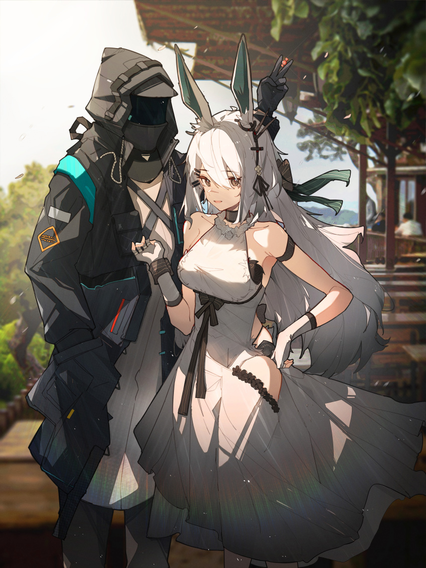 1girl 1other absurdres alternate_costume animal_ears arknights arm_strap black_choker black_coat black_eyes black_gloves black_panties black_pants breasts bunny_ears_prank chinese_commentary choker coat day doctor_(arknights) dress feet_out_of_frame fingerless_gloves frostnova_(arknights) fur-trimmed_collar fur_trim gloves green_ribbon hair_between_eyes hair_ornament hair_ribbon hairclip hand_in_pocket hand_on_own_hip highres hip_vent hooded_coat huajiaohaibao long_hair looking_at_viewer medium_breasts outdoors panties pants panty_straps parted_lips photo_background rabbit_ears rabbit_girl ribbon scar scar_on_face scar_on_nose sleeveless sleeveless_dress smile standing sunlight underwear white_dress white_gloves white_hair wind wrist_cuffs