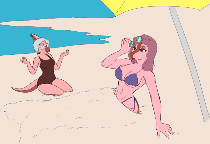 5_fingers anthro beach beach_umbrella bikini bikini_bottom bikini_top bone_frill breasts buried buried_in_sand cleavage clothed clothing colored dinosaur duo eyewear female fingers frill_(anatomy) glasses goodbye_volcano_high hadrosaurid hair holding_eyewear holding_object holding_sunglasses kneeling lidded_eyes long_tail multicolored_body multicolored_scales one-piece_swimsuit ornithischian parasaurolophus pink_body pink_hair pink_scales red_body red_scales reptile sand sand_sculpture scales scalie seaside sitting snoot_game snout stacy_(gvh) sunglasses swimwear tail theresa_(gvh) two_tone_body two_tone_scales umbrella unknown_artist water white_hair