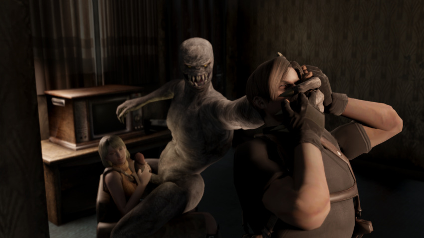 apartment ashley_graham_(resident_evil) capcom cuckold female genitals grahnzi group hi_res human invalid_tag leon_kennedy male mammal monster mount penis regenerator_(resident_evil) resident_evil trio undead voyeur zombie