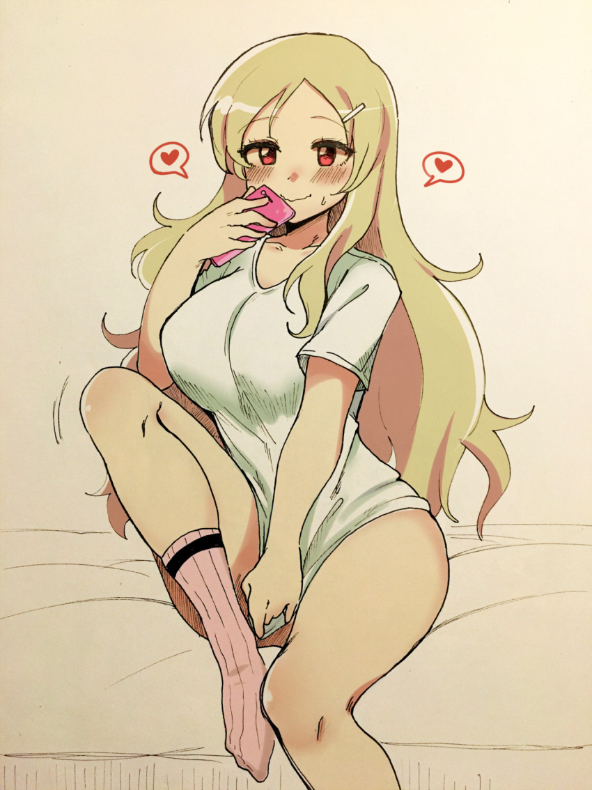 1girl blonde_hair blush breasts cellphone collarbone covering_privates hair_ornament hairclip heart highres holding holding_phone large_breasts leg_up long_hair looking_at_viewer nervous no_panties no_pants on_bed pencilanon phone pink_socks red_eyes senran_kagura shiki_(senran_kagura) shirt short_sleeves simple_background sitting smartphone socks solo sweat t-shirt traditional_media white_shirt