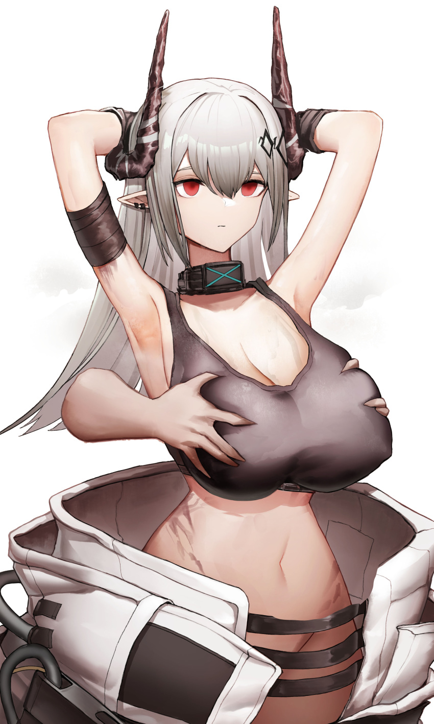 1boy 1girl absurdres arknights armpits arms_up bandaged_arm bandages black_sports_bra breasts cleavage closed_mouth collar collarbone earrings empty_eyes grabbing grabbing_another's_breast grabbing_from_behind groin hetero highres horns infection_monitor_(arknights) jewelry large_breasts mudrock_(arknights) navel no_panties onedr open_clothes oripathy_lesion_(arknights) pointy_ears red_eyes simple_background solo_focus sports_bra white_background