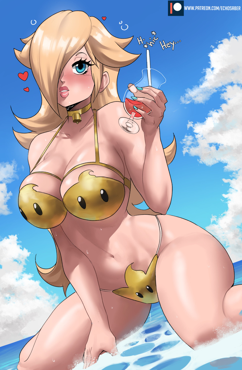 1girl 2022 absurdres alcohol bare_arms bare_legs bare_shoulders beach bikini blonde_hair blue_eyes breasts drunk echo_saber english_text feet_out_of_frame g-string hair_over_one_eye highres huge_breasts kneeling large_breasts long_hair mario_(series) midriff narrow_waist navel ocean outdoors rosalina string_bikini super_mario_galaxy swimsuit thick_thighs thighs thong thong_bikini twink_(paper_mario) water wide_hips