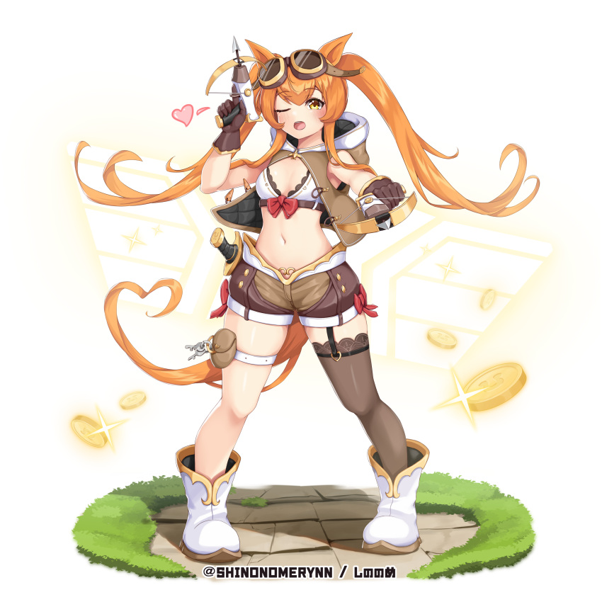 1girl absurdres alternate_costume alternate_hairstyle animal_ears boots brown_capelet brown_gloves brown_shorts brown_thighhighs capelet coin commentary_request crossbow crossbow_bolt dual_wielding dungeons_and_dragons fantasy full_body glint gloves goggles goggles_on_head heart heart_tail highres holding holding_crossbow holding_weapon hood hooded_capelet horse_ears horse_girl horse_tail key legwear_garter mayano_top_gun_(umamusume) midriff navel one_eye_closed orange_hair pigeon-toed shinonome_(shinonome_rynn) short_shorts shorts single_thighhigh solo standing tachi-e tail thigh_pouch thigh_strap thighhighs twintails umamusume weapon white_footwear yellow_eyes