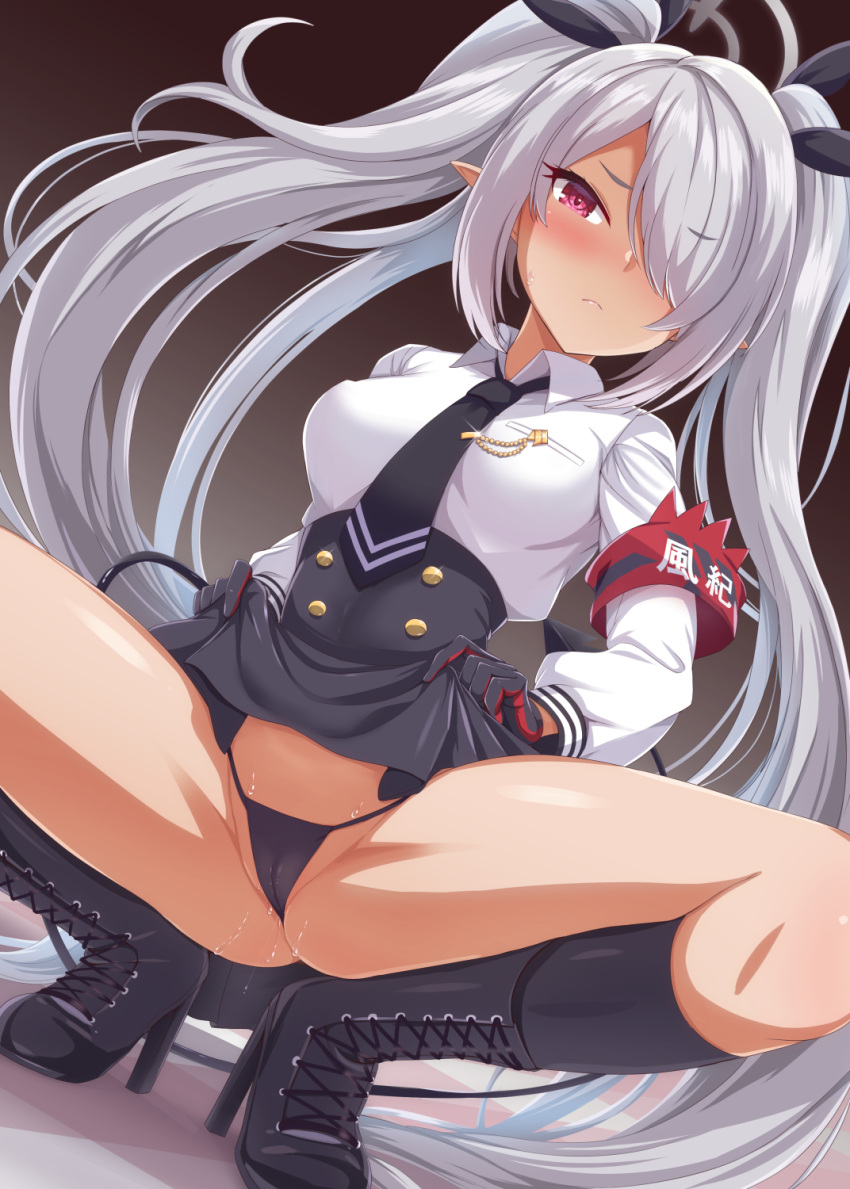 1girl armband black_bow black_bowtie black_gloves blue_archive blush boots bow bowtie breasts cameltoe commentary_request dan_(orange_train) dark-skinned_female dark_skin demon_tail gloves grey_hair hair_ornament hair_over_one_eye halo high_heel_boots high_heels highres iori_(blue_archive) looking_at_viewer medium_breasts micro_panties panties pointy_ears pussy_juice red_armband red_eyes solo spread_legs squatting tail twintails underwear