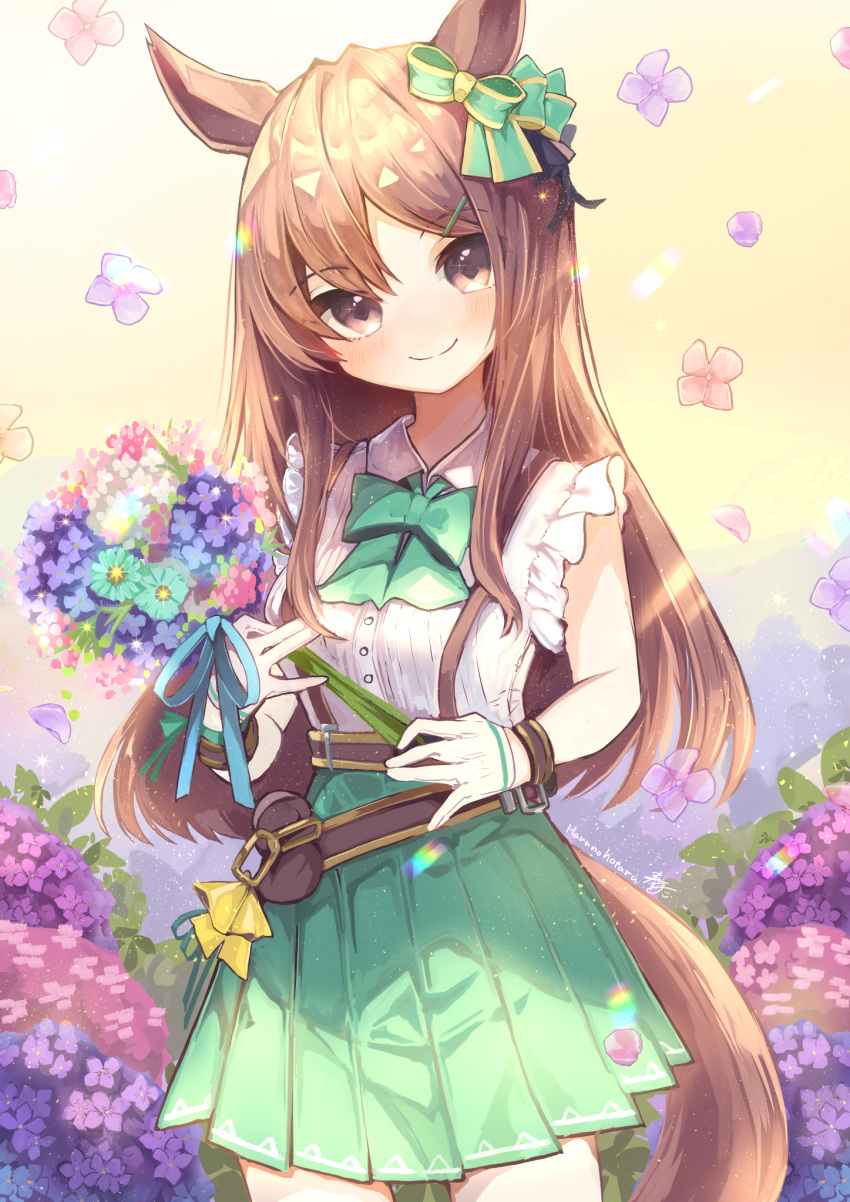 1girl animal_ears aqua_bow aqua_skirt bouquet bow brown_eyes brown_hair closed_mouth commentary_request cowboy_shot ear_bow falling_flower flower frilled_shirt frills gloves hair_ornament hairclip harunohotaru highres holding holding_bouquet horse_ears horse_girl horse_tail long_hair looking_at_viewer mejiro_dober_(umamusume) partial_commentary purple_eyes shirt skirt sleeveless sleeveless_shirt smile solo standing tail umamusume white_gloves
