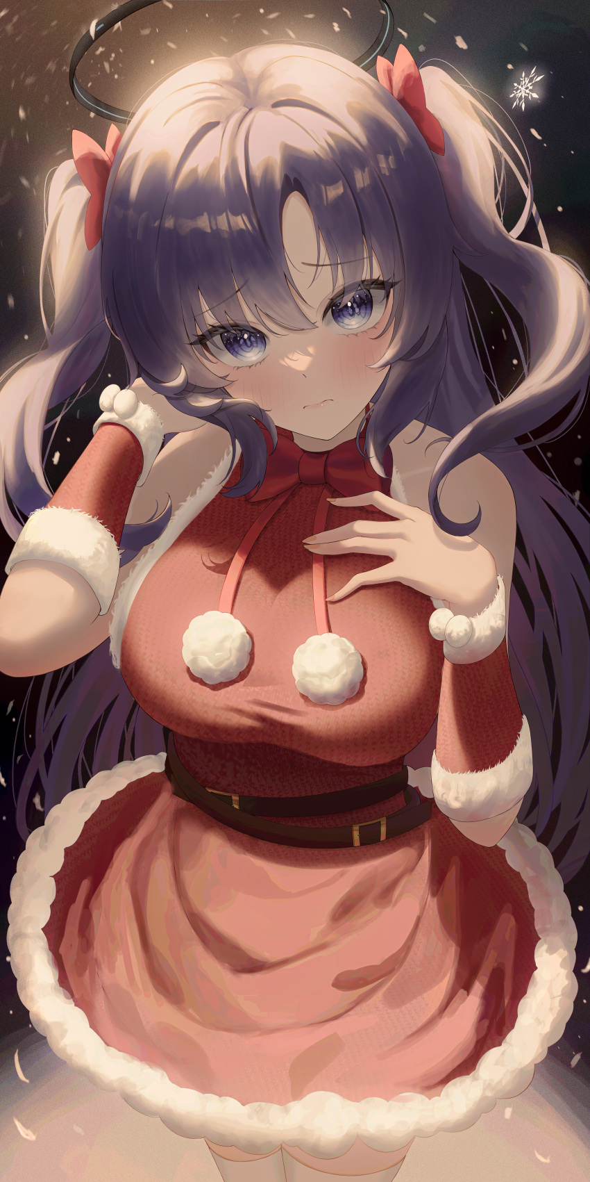 1girl absurdres blue_archive blush breasts closed_mouth cowboy_shot dress fur-trimmed_dress fur_trim hair_between_eyes halo highres large_breasts long_hair looking_at_viewer mechanical_halo pom_pom_(clothes) purple_eyes purple_hair red_dress rega santa_costume snowflakes solo thighhighs two_side_up white_thighhighs yuuka_(blue_archive)