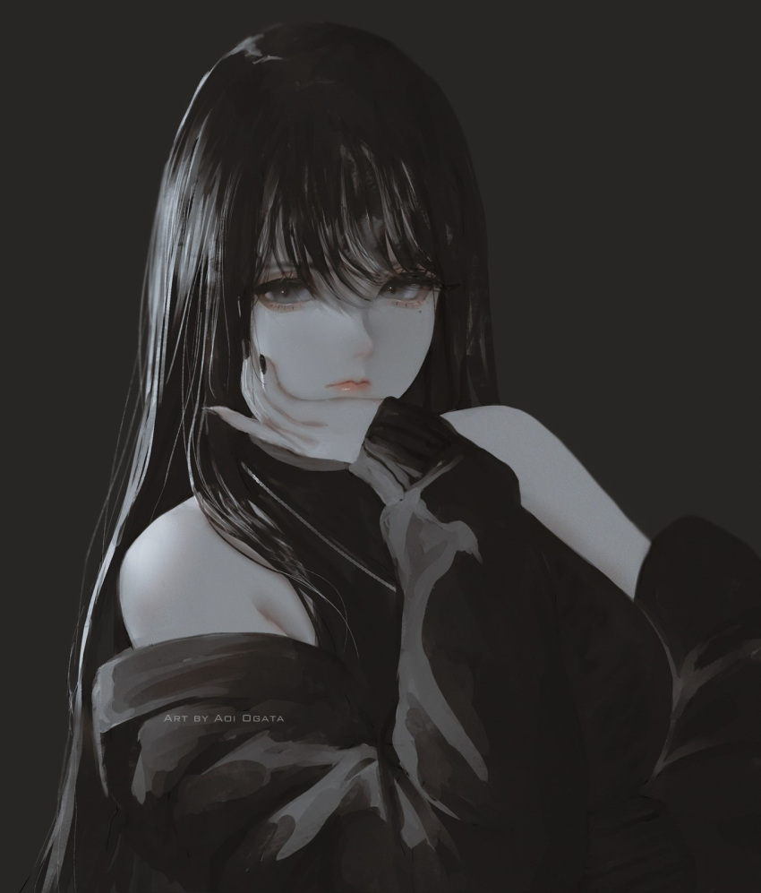 1girl aoi_ogata artist_name black_background black_hair black_jacket black_nails clip_studio_paint_(medium) closed_mouth commentary english_commentary grey_eyes hair_between_eyes hand_up highres jacket long_hair long_sleeves looking_at_viewer nail_polish off_shoulder open_clothes open_jacket original puffy_long_sleeves puffy_sleeves simple_background sleeves_past_wrists solo upper_body