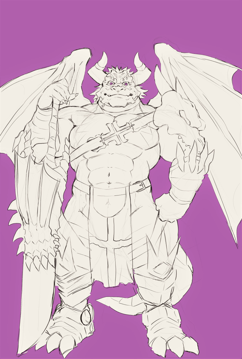 abs absurd_res anthro armor ascalon bottomwear clothing crave_saga dragon heylaw21 hi_res horn loincloth male muscular muscular_anthro muscular_male navel pecs purple_eyes sketch solo unconvincing_armor wings