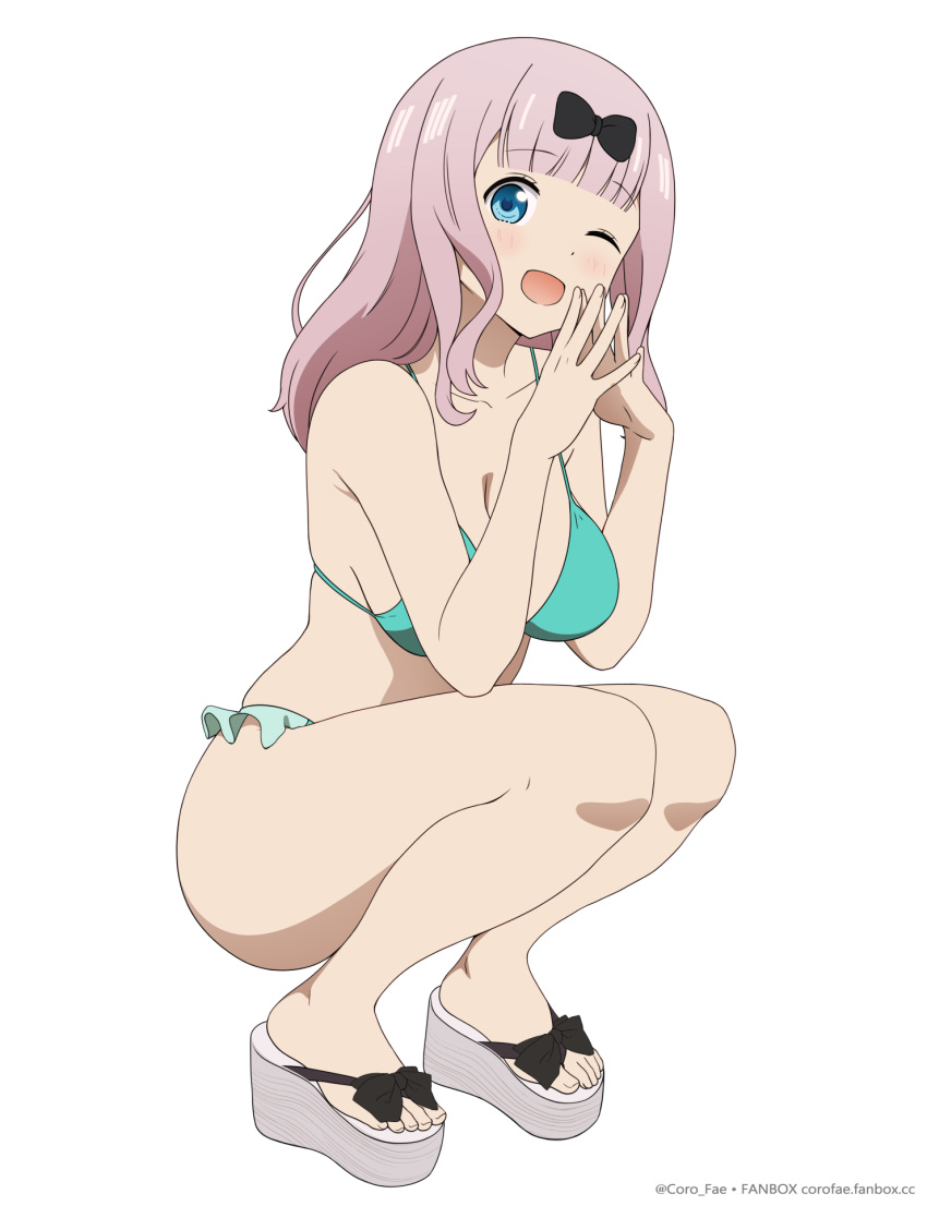 1girl ;d bare_arms bare_legs bare_shoulders bikini black_bow blue_eyes blunt_bangs blush bow breasts coro_fae dot_nose fanbox_username feet frilled_bikini frills fujiwara_chika green_bikini hair_bow high_heels highres kaguya-sama_wa_kokurasetai_~tensai-tachi_no_renai_zunousen~ large_breasts long_hair looking_at_viewer one_eye_closed open_mouth own_hands_together paid_reward_available pink_hair sandals simple_background smile solo squatting swimsuit toes twitter_username web_address white_background