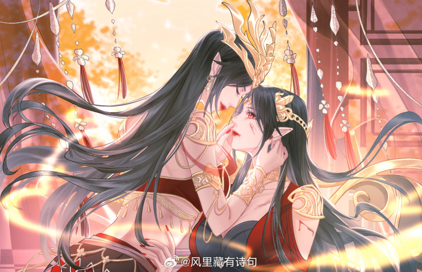 2girls artist_request black_hair blood blood_on_arm blood_on_face cai_lin_(doupo_cangqiong) closed_eyes closed_mouth doupo_cangqiong dress dual_persona earrings from_side hair_ornament hand_on_another's_face jewelry long_hair multiple_girls red_dress red_eyes red_nails tassel third-party_source upper_body