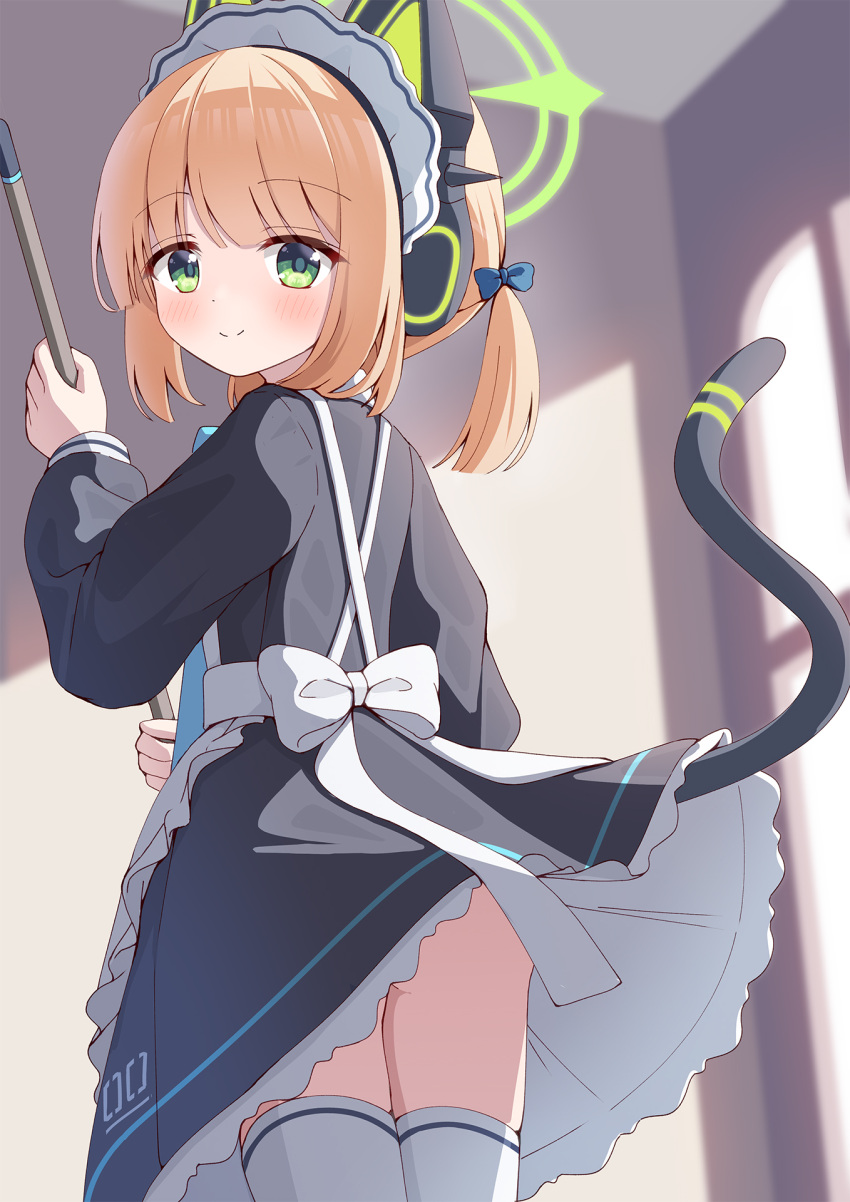 1girl animal_ear_headphones animal_ears apron ass azel_(laevateinn495) black_dress blonde_hair blue_archive blue_bow bow cat_tail closed_mouth dress fake_animal_ears frilled_apron frills green_eyes green_halo hair_bow halo headphones highres indoors long_sleeves looking_at_viewer looking_back maid midori_(blue_archive) midori_(maid)_(blue_archive) official_alternate_costume short_hair smile solo tail thighhighs white_apron white_thighhighs