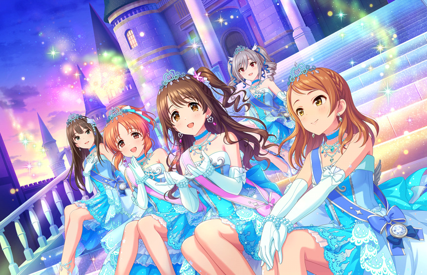 5girls abe_nana aqua_dress blue_dress blush braid brown_eyes brown_hair castle character_request check_character closed_mouth dress drill_hair dutch_angle earrings elbow_gloves feet_out_of_frame foot_out_of_frame game_cg gloves grey_hair hair_between_eyes hand_on_own_knee hand_up hands_up hojo_karen idolmaster idolmaster_cinderella_girls idolmaster_cinderella_girls_starlight_stage jewelry kanzaki_ranko knees_together_feet_apart legs legs_together medium_hair multicolored_clothes multicolored_dress multiple_girls official_art open_mouth orange_hair outdoors own_hands_together parted_bangs red_eyes shibuya_rin shimamura_uzuki side_ponytail sitting sitting_on_stairs smile sparkle stairs swept_bangs tiara twin_drills white_gloves yellow_eyes