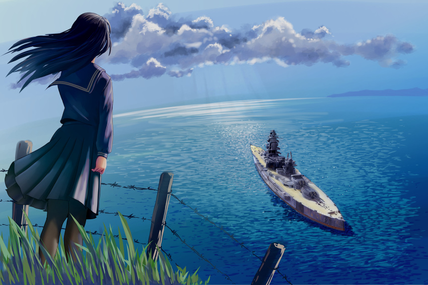 1girl barbed_wire black_hair boat cannon child cloud highres imperial_japanese_navy japan long_hair nagatomutsu ocean real_life sailing school_uniform serafuku shiokaze_(destroyer) ship turret watercraft world_war_ii