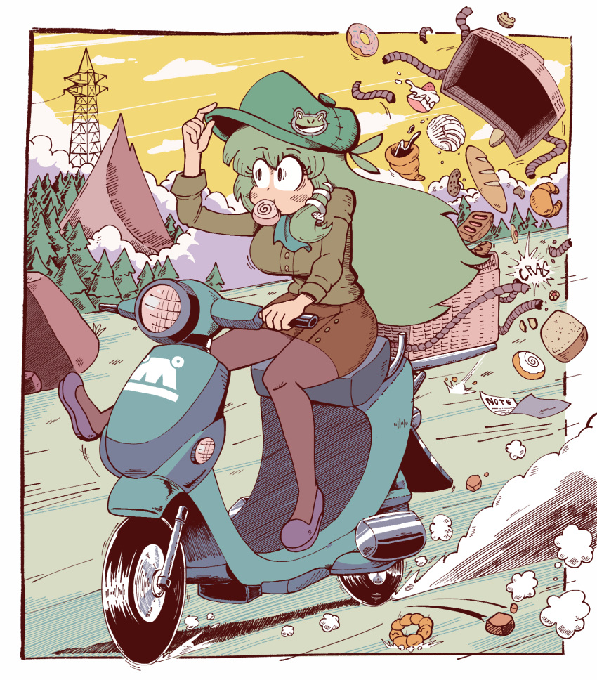 1girl alternate_costume animal_print baguette bread breasts brown_skirt cabbie_hat cake commentary croissant doughnut english_commentary food food_in_mouth frog_print full_body green_hair green_headwear grey_footwear hair_ornament hat highres kevin_arthur kochiya_sanae large_breasts long_hair motion_lines motor_vehicle motorcycle mountain outdoors skirt sky snake_hair_ornament solo touhou utility_pole yellow_sky