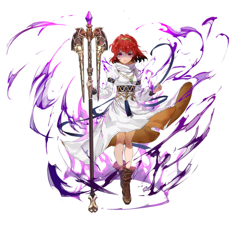 aura brown_footwear dark_aura dress fire_emblem fire_emblem:_mystery_of_the_emblem fire_emblem_heroes holding holding_staff looking_at_viewer maria_(fire_emblem) mayo_(becky2006) mind_control official_alternate_costume official_art purple_eyes red_hair short_hair solo staff tassel tiara white_background white_dress