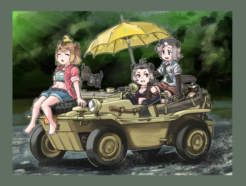 3girls absurdres american_beaver_(kemono_friends) amphibious_ground_vehicle animal_ears antenna_hair axe barefoot beach_umbrella beaver_ears beaver_tail belt bike_shorts bike_shorts_under_shorts black_eyes black_hair border bra brown_eyes brown_hair capybara_(kemono_friends) car closed_eyes commentary_request day driving elbow_gloves eurasian_beaver_(kemono_friends) extra_ears flag fur_collar gloves green_sports_bra grey_hair hair_ornament hairclip highres kemono_friends looking_at_another medium_hair motor_vehicle multicolored_hair multiple_girls necktie object_on_head on_vehicle open_clothes open_mouth open_shirt open_vest outdoors plaid plaid_shirt river rubber_duck saw schwimmwagen shirt short_sleeves shorts sidelocks sitting smile sports_bra steering_wheel tail toriny torn_clothes torn_sleeves umbrella underwear vest water