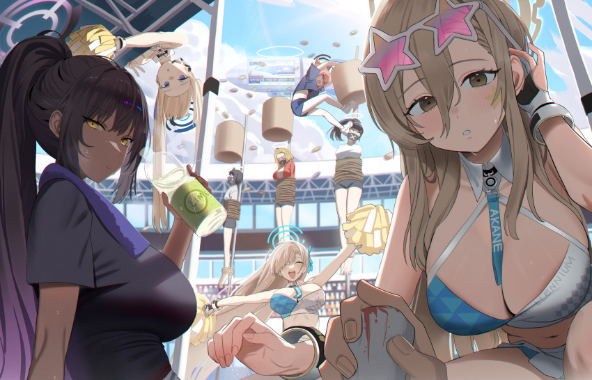 absurdres akane_(blue_archive) asuna_(blue_archive) bare_shoulders black_hair blonde_hair blue_archive blue_eyes blush bottle breasts character_request cheerleader crop_top dark-skinned_female dark_skin earpiece eyewear_on_head facial_mark glasses gloves hair_between_eyes hair_over_one_eye halo highres holding holding_bottle holding_pom_poms jiki_(gkdlfnzo1245) karin_(blue_archive) large_breasts long_hair looking_at_viewer midriff millennium_cheerleader_outfit_(blue_archive) multiple_girls official_alternate_costume partially_fingerless_gloves pom_pom_(cheerleading) restrained skirt star-shaped_eyewear star_(symbol) star_facial_mark star_tattoo sweat tattoo toki_(blue_archive) twintails two-tone_skirt v water_bottle white_skirt yellow_eyes