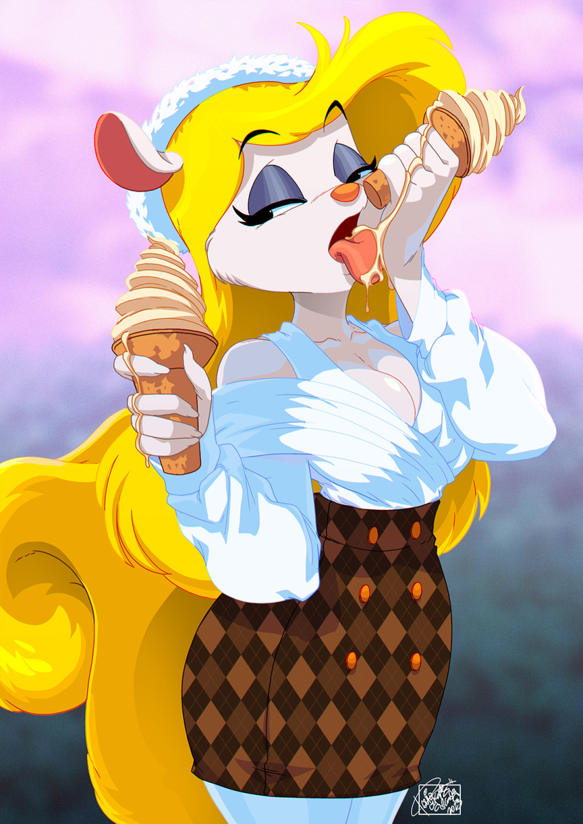 animaniacs anthro breasts cleavage clothed clothing dessert female food half-closed_eyes hi_res holding_object ice_cream ice_cream_cone licking mammal melting_ice_cream minerva_mink mink mustelid musteline narrowed_eyes off_shoulder solo tongue tongue_out tovio_rogers true_musteline warner_brothers