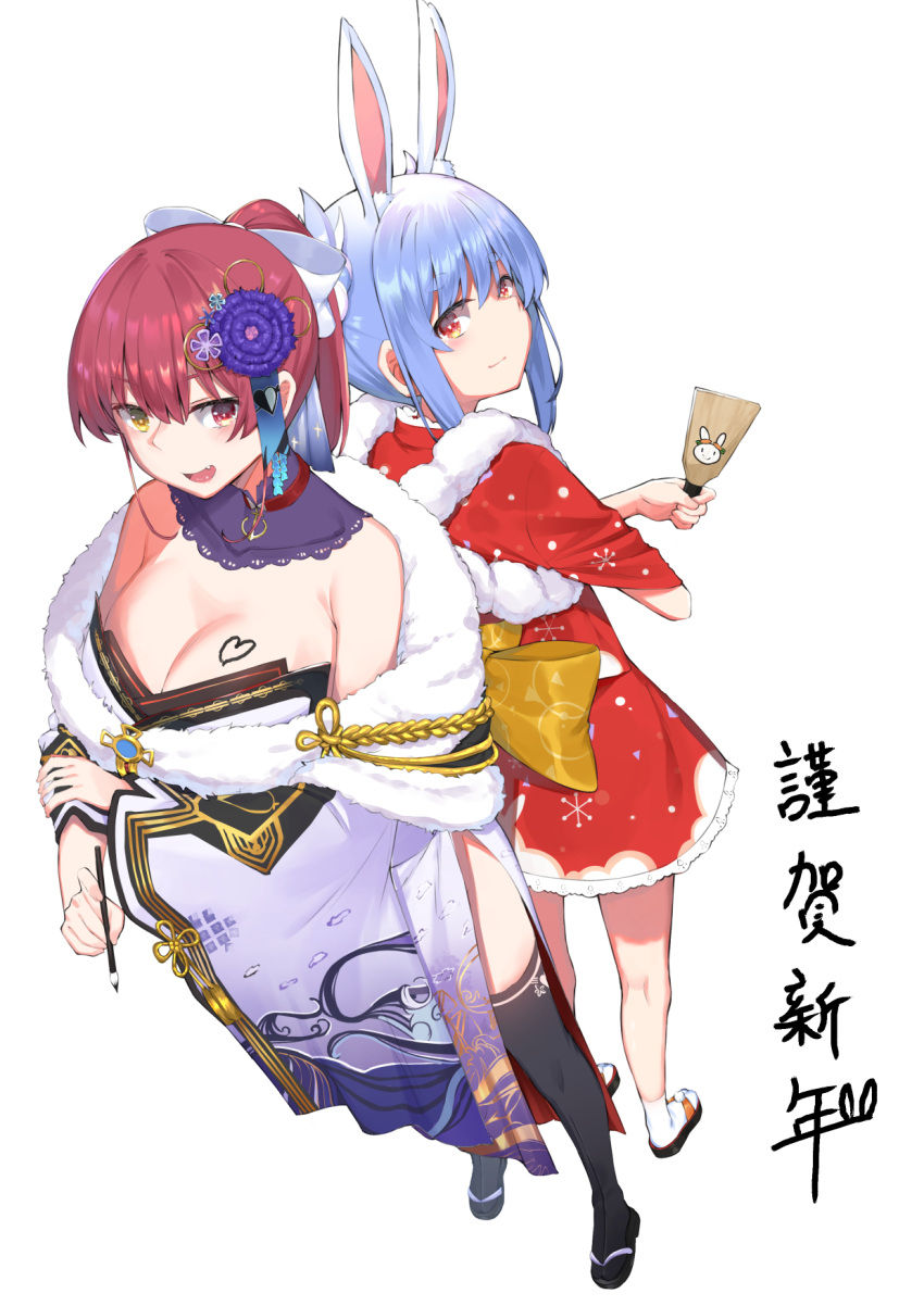 2girls animal_ears black_thighhighs blue_hair breasts cleavage detached_collar finger_to_cheek full_body hair_ornament heterochromia highres hololive houshou_marine houshou_marine_(2nd_costume) japanese_clothes kaname_(melaninusa09) kanzashi kimono kimono_skirt large_breasts medium_hair multiple_girls off_shoulder official_alternate_costume rabbit_ears red_eyes red_hair red_kimono short_kimono side_slit sleeves_rolled_up tasuki thighhighs usada_pekora usada_pekora_(2nd_costume) virtual_youtuber white_kimono white_sleeves yellow_eyes