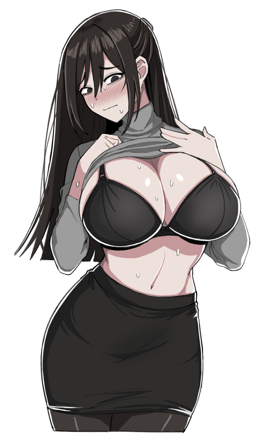 1girl absurdres black_bra black_eyes black_hair black_pantyhose black_skirt blush border bra breasts commentary_request cropped_legs grey_sweater highres korean_commentary large_breasts linea_alba long_hair long_sleeves looking_down navel original pantyhose pencil_skirt simple_background siribang1215 skirt solo stomach sweater turtleneck turtleneck_sweater underwear wavy_mouth white_background white_border