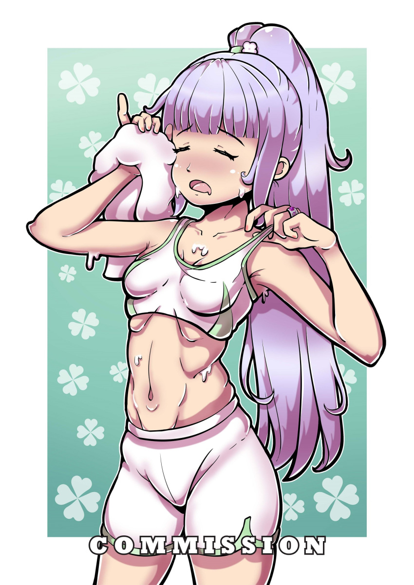 1girl arm_up blunt_bangs blush border breasts closed_eyes clover_print collarbone commission commission_watermark curryta-art dripping english_commentary exhausted eyelashes flower hair_flower hair_ornament highres holding holding_towel jewelry light_purple_hair long_hair navel new_game! open_mouth ponytail pov purple_hair ribs ring shorts small_breasts sports_bra sportswear stomach strap_pull suzukaze_aoba sweat towel white_border workout_clothes