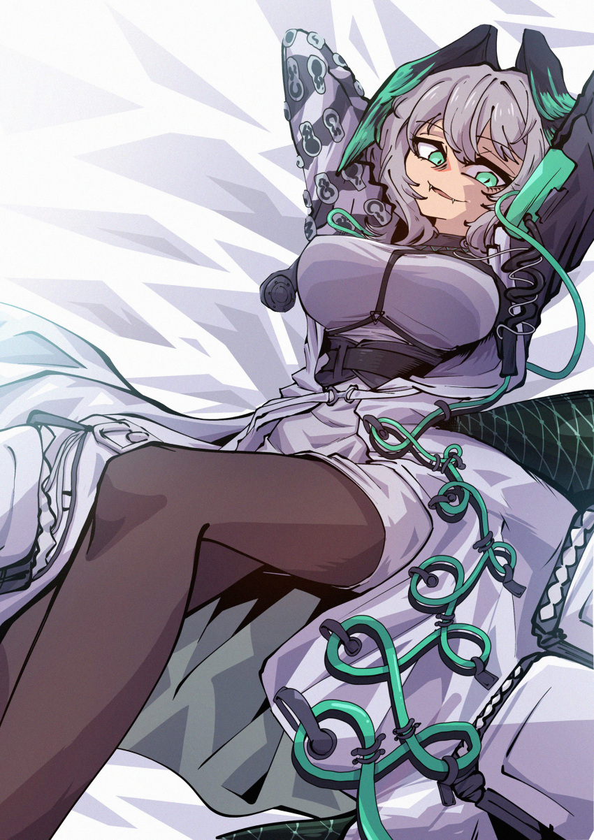 1girl absurdres aqua_eyes aqua_wings arknights black_pantyhose breasts coat dress dryegen english_commentary fangs grey_hair head_wings highres ho'olheyak_(arknights) lying on_back open_clothes open_coat pantyhose solo white_dress wings