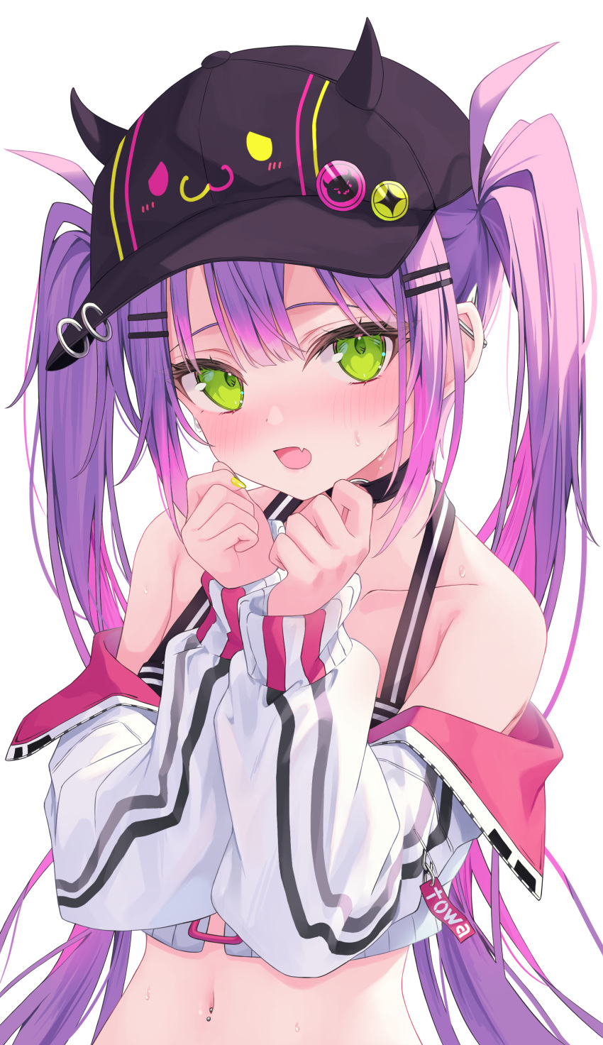 1girl 333shishishi333 absurdres bangs bare_shoulders baseball_cap bibi_(tokoyami_towa) black_choker black_headwear black_tank_top blush breasts choker collarbone colored_inner_hair crop_top cropped_jacket demon_girl ear_piercing fake_horns fang green_eyes hair_ornament hairclip hat highres hololive horned_headwear horns jacket long_hair long_sleeves looking_at_viewer midriff multicolored_hair navel navel_piercing o-ring o-ring_choker off_shoulder piercing pink_hair pointy_ears purple_hair skin_fang smile solo streaked_hair tank_top tokoyami_towa twintails virtual_youtuber white_background white_jacket