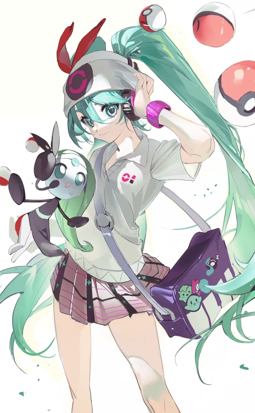 1girl absurdres aqua_eyes aqua_hair bag gradient_hair green_hair hair_between_eyes hatsune_miku headphones highres long_hair looking_at_viewer meloetta meloetta_(aria) miniskirt multicolored_hair neonneon321 pink_skirt poke_ball poke_ball_(basic) pokemon pokemon_(creature) project_voltage psychic_miku_(project_voltage) shirt simple_background skirt twintails very_long_hair vocaloid white_background white_shirt