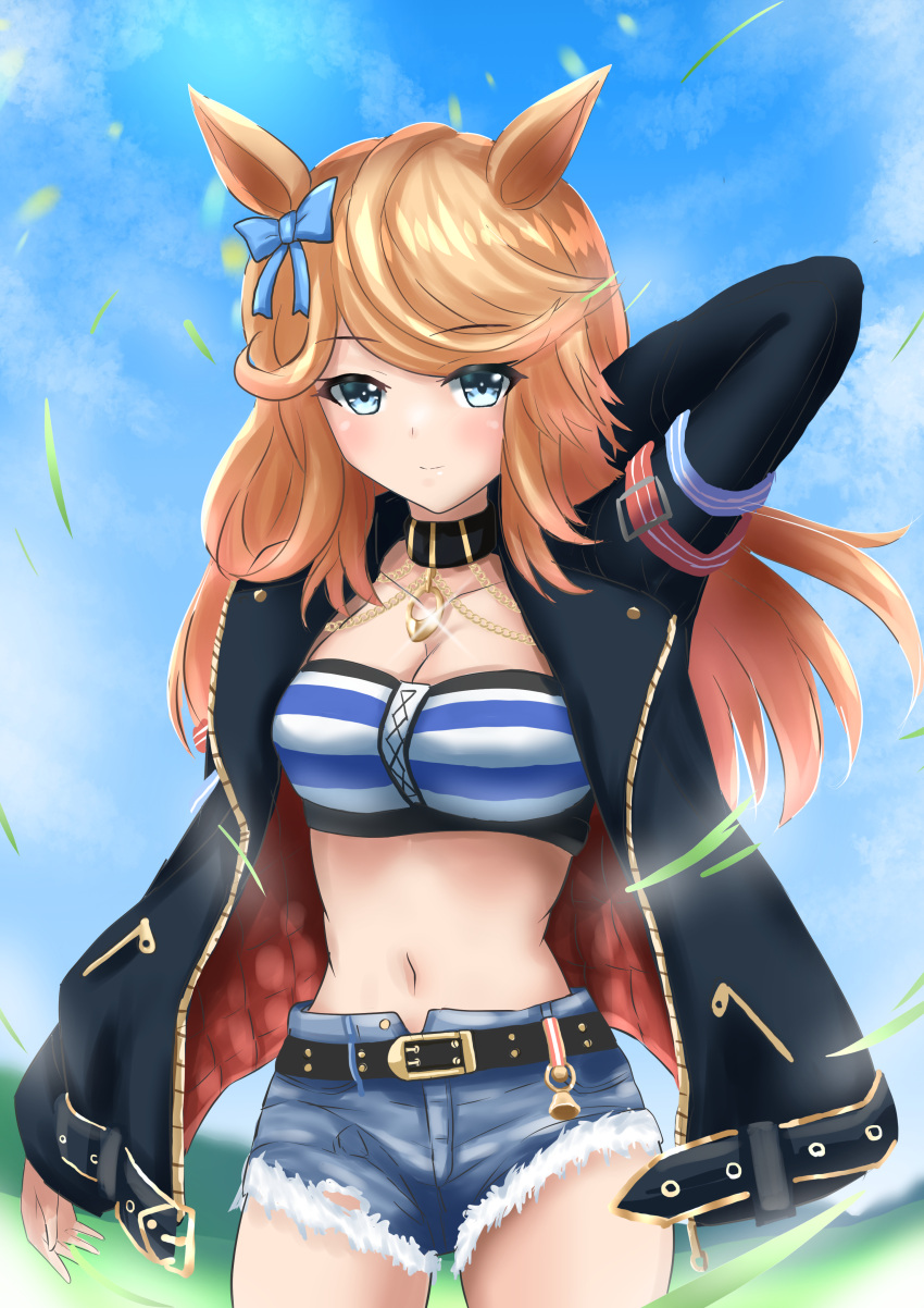 1girl absurdres animal_ears bandeau belt black_belt black_choker black_jacket blonde_hair blue_bow blue_eyes blue_sky bow choker cloud commentary_request cowboy_shot day denim denim_shorts gold_city_(umamusume) hair_bow highres horse_ears jacket long_hair long_sleeves looking_at_viewer midriff navel open_clothes open_jacket outdoors short_shorts shorts sky solo standing stomach strapless striped_bandeau swept_bangs tube_top umamusume unicorndd123
