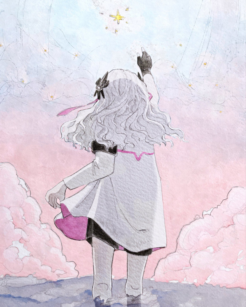 1girl arm_up asymmetrical_sleeves black_shorts blue_sky cevio cloud coat coat_hold commentary_request constellation constellation_request facing_away fingerless_gloves floating_hair from_behind gloves gradient_sky hair_ornament highres kamitsubaki_studio multicolored_hair outdoors pink_clouds pink_sky purple_hair reaching sabaku_(saba9) sekai_(cevio) shorts single_fingerless_glove sky solo standing star_(sky) streaked_hair traditional_media uneven_sleeves wading watercolor_pencil_(medium) wavy_hair white_coat white_hair
