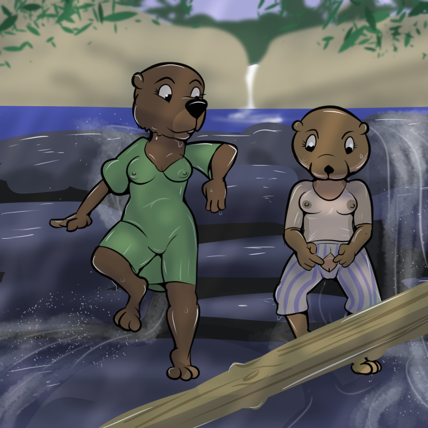 anthro beaver black_nose breasts brown_body brown_fur clothed clothing duo female female/female fur genitals lisa_(study_partners) mammal mustelid nipple_outline nipples otter outside pussy rodent sarah_(study_partners) study_partners thunderouserections translucent translucent_clothing wet