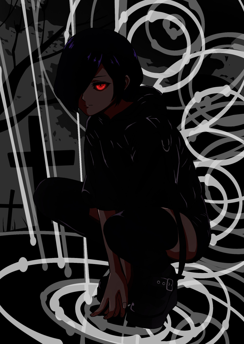 1girl absurdres alternate_costume black_thighhighs closed_mouth glowing glowing_eye highres hood hood_down hoodie kirishima_touka ma_bo_do_hugozen own_hands_together purple_hair shoes short_hair shorts solo squatting thighhighs tokyo_ghoul unamused