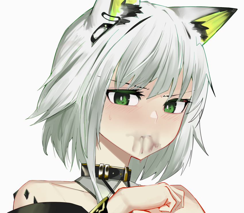 1girl animal_ear_fluff animal_ears ao_oni_(onioni-aoi) arknights bare_shoulders black_collar blush bright_pupils cat_ears cat_girl close-up coffee collar colored_eyelashes commentary_request dripping embarrassed green_eyes hand_up highres kal'tsit_(arknights) liquid looking_at_viewer oripathy_lesion_(arknights) parted_lips portrait short_hair simple_background solo white_background white_hair white_pupils