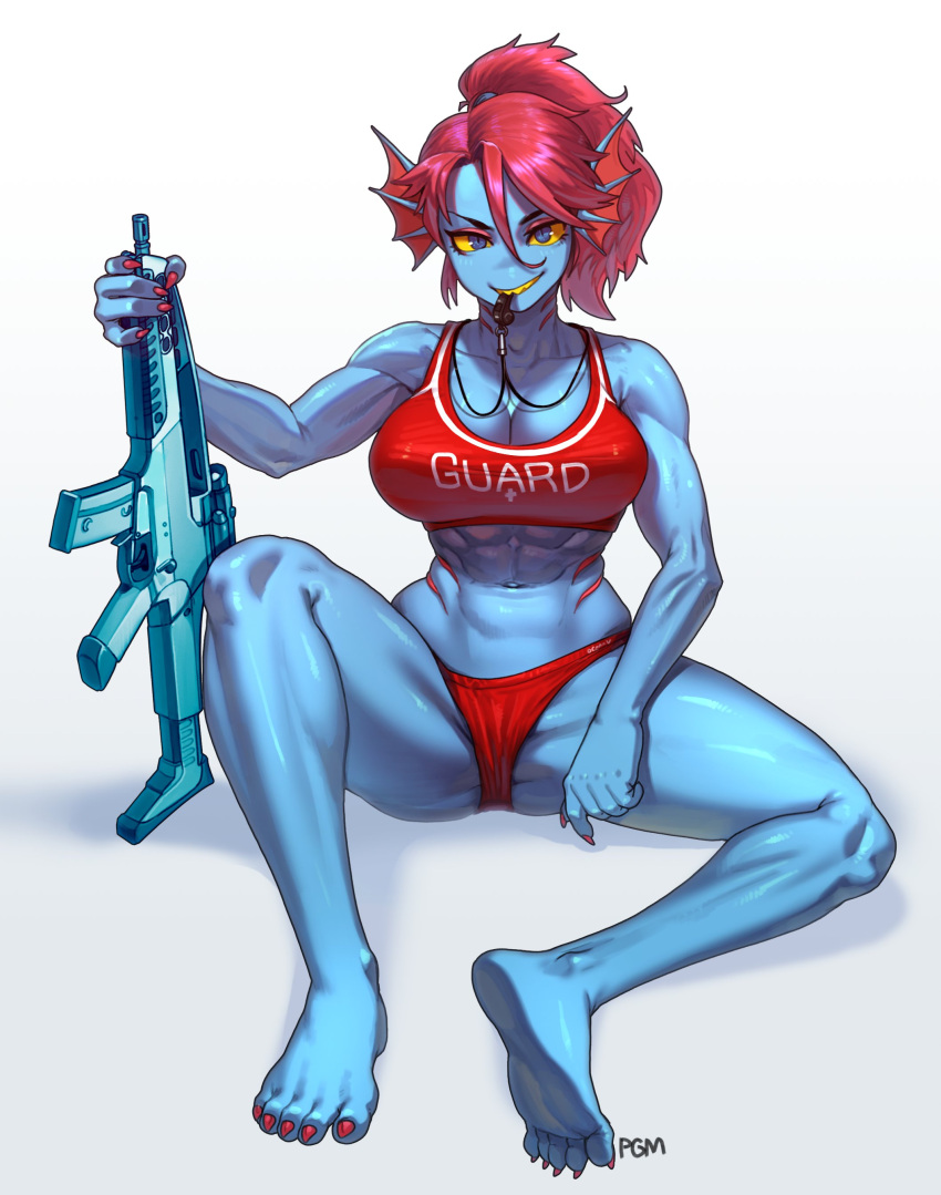 2023 abs absurd_res assault_rifle big_breasts blue_body blue_eyes blue_skin breasts clothing collarbone eyebrows eyelashes feet female fish frill_(anatomy) glistening glistening_body glistening_skin gun hair hi_res humanoid lifeguard looking_at_viewer marine midriff navel pgm300 ponytail ranged_weapon red_clothing red_hair red_swimwear rifle short_hair sitting smile smiling_at_viewer solo swimwear undertale_(series) undyne weapon whistle xm8 yellow_sclera