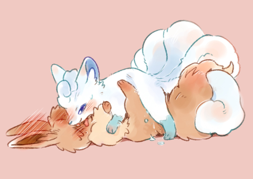 2019 alolan_form alolan_vulpix ambiguous/ambiguous ambiguous_gender blue_eyes blush bodily_fluids brown_body brown_fur duo eevee eeveelution entwined_tails feral flustered fur generation_1_pokemon genital_fluids hi_res laying_on_ground leg_markings lying lying_on_another mammal markings nintendo on_back open_mouth pokemon pokemon_(species) regional_form_(pokemon) sex simple_background socks_(marking) tail tail_coil tongue tongue_out white_body white_fur xuexiamaoyaozi