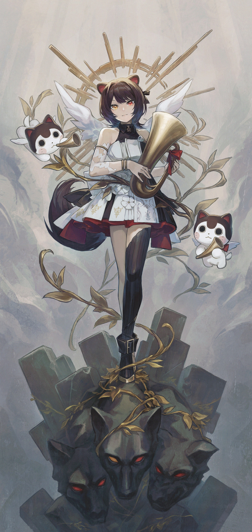 1girl a-er_(akkij0358) angel_wings animal_ears armlet black_thighhighs bracelet dog_ears dog_girl dog_tail dress halo halter_dress halterneck heterochromia highres horn_(instrument) instrument inui_toko jewelry looking_at_viewer nijisanji red_eyes single_thighhigh sleeveless solo tail thighhighs tuba virtual_youtuber wings yellow_eyes