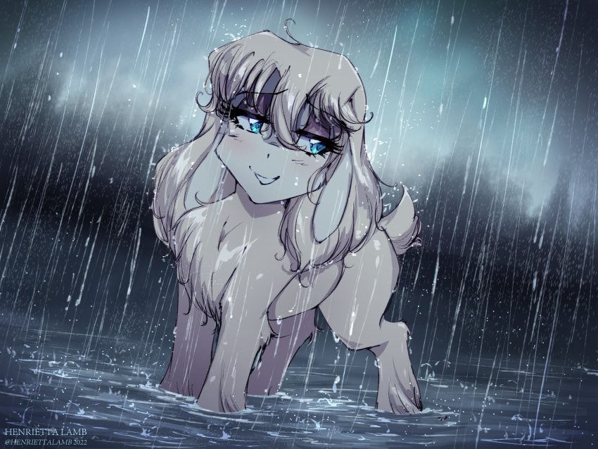 blush bovid caprine eyelashes eyeshadow female feral fur hair henrietta_the_little_lamb hi_res makeup mammal partially_submerged raining sheep solo standing_in_water tail walliscolours wet wet_body wet_fur