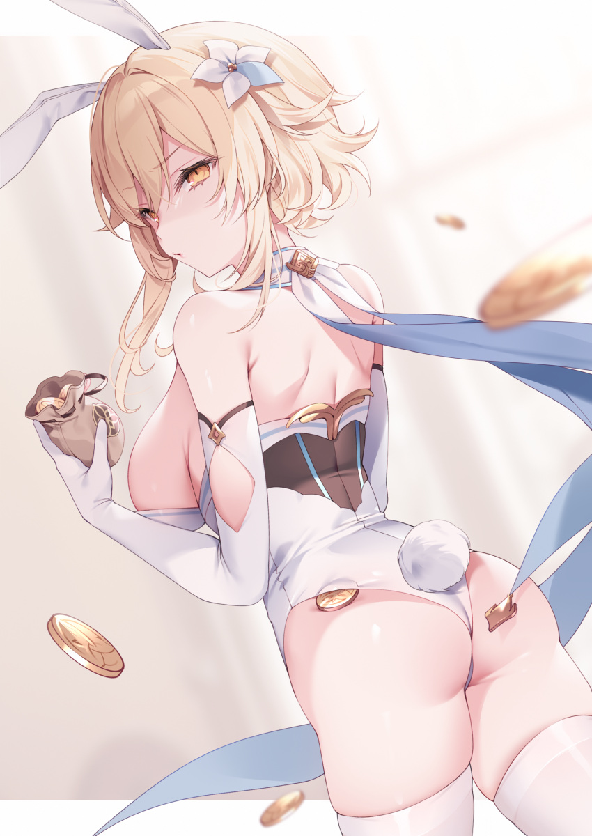 1girl animal_ears ass bare_shoulders blonde_hair blush breasts coin commentary detached_collar fake_animal_ears flower genshin_impact hair_flower hair_ornament highres holding large_breasts leotard low_neckline lumine_(genshin_impact) mora_(genshin_impact) playboy_bunny pouch rabbit_ears rabbit_tail short_hair_with_long_locks shu_bii sideboob sidelocks solo strapless strapless_leotard tail thighhighs white_flower yellow_eyes