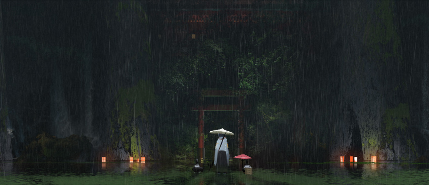 1girl abandoned absurdres algae asteroid_ill bird black_hair black_hakama from_behind hakama haori hat highres holding holding_staff hood hood_down hooded_jacket jacket japanese_clothes lantern long_sleeves moss nature night original outdoors paper_lantern parasol pond rain rice_hat rock scenery sclera_(asteroid_ill) solo staff torii umbrella wading water white_jacket wide_shot wide_sleeves