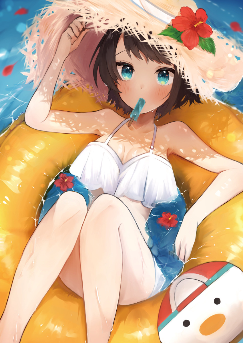 1girl absurdres alternate_costume bare_shoulders blue_eyes breasts brown_hair collarbone feet_out_of_frame flower food food_in_mouth hat hat_flower highres hololive innertube knees_together_feet_apart knees_up legs looking_at_viewer mashiro_io medium_breasts oozora_subaru partially_submerged popsicle popsicle_in_mouth short_hair straw_hat subaru_duck swept_bangs swimsuit virtual_youtuber