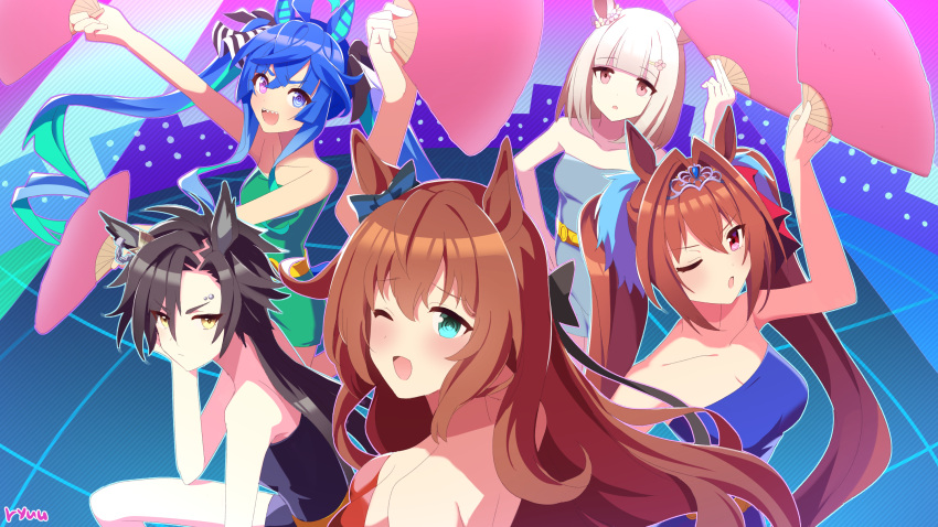 5girls ahoge air_shakur_(umamusume) animal_ears antenna_hair aqua_dress aqua_eyes aqua_hair artist_name bare_shoulders black_dress blue_bow blue_dress blue_eyes blue_hair bow breasts brown_hair chestnut_mouth cleavage closed_mouth daiwa_scarlet_(umamusume) dress ear_bow ear_ornament ear_piercing english_commentary eyebrow_piercing gradient_hair grey_hair hair_between_eyes hand_fan happy_meek_(umamusume) heterochromia highres holding holding_fan horse_ears horse_girl large_breasts long_hair looking_at_viewer maruzensky_(umamusume) multicolored_hair multiple_girls off-shoulder_dress off_shoulder open_mouth parted_lips piercing pink_eyes red_eyes red_hair ryuu_(ryuraconis) small_breasts smile tiara twin_turbo_(umamusume) twintails umamusume umayuru v-shaped_eyebrows very_long_hair