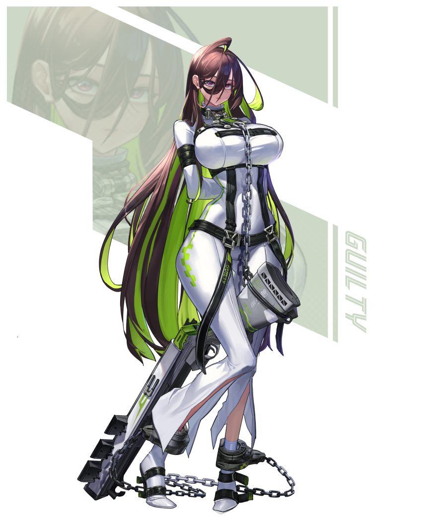 1girl absurdres ahoge arms_behind_back between_legs bodysuit breasts brown_hair chain character_name chest_harness closed_mouth colored_inner_hair commentary cuffs expressionless full_body goddess_of_victory:_nikke green_hair guilty_(nikke) gun hair_between_eyes harness highres jerry63 large_breasts long_hair looking_at_viewer multicolored_hair purple_eyes restrained shackles shotgun simple_background solo symbol-only_commentary two-tone_hair weapon white_background white_bodysuit white_footwear zoom_layer