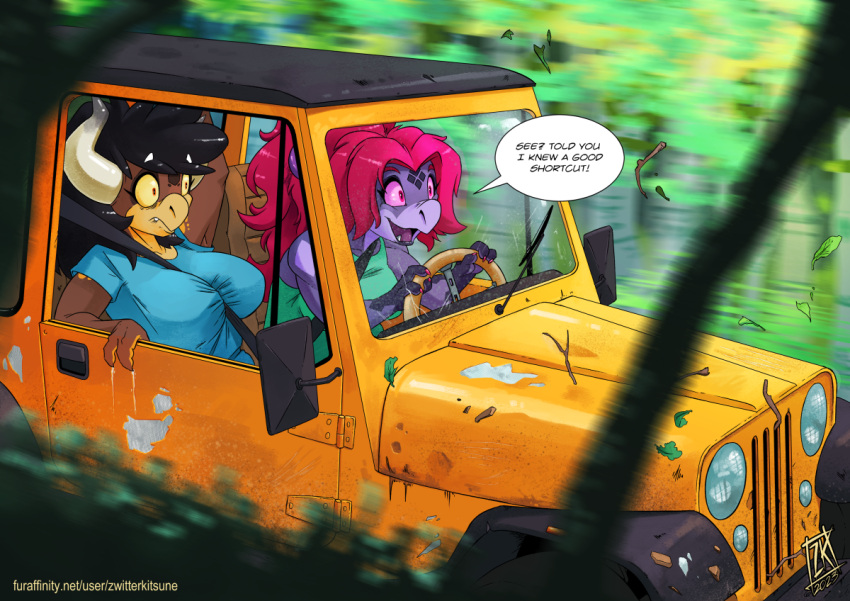 black_hair car duo esme_amaya_(sketchybug) female hair horn jeep kobold red_hair samantha_reyes seat_belt seatbelt vehicle zwitterkitsune