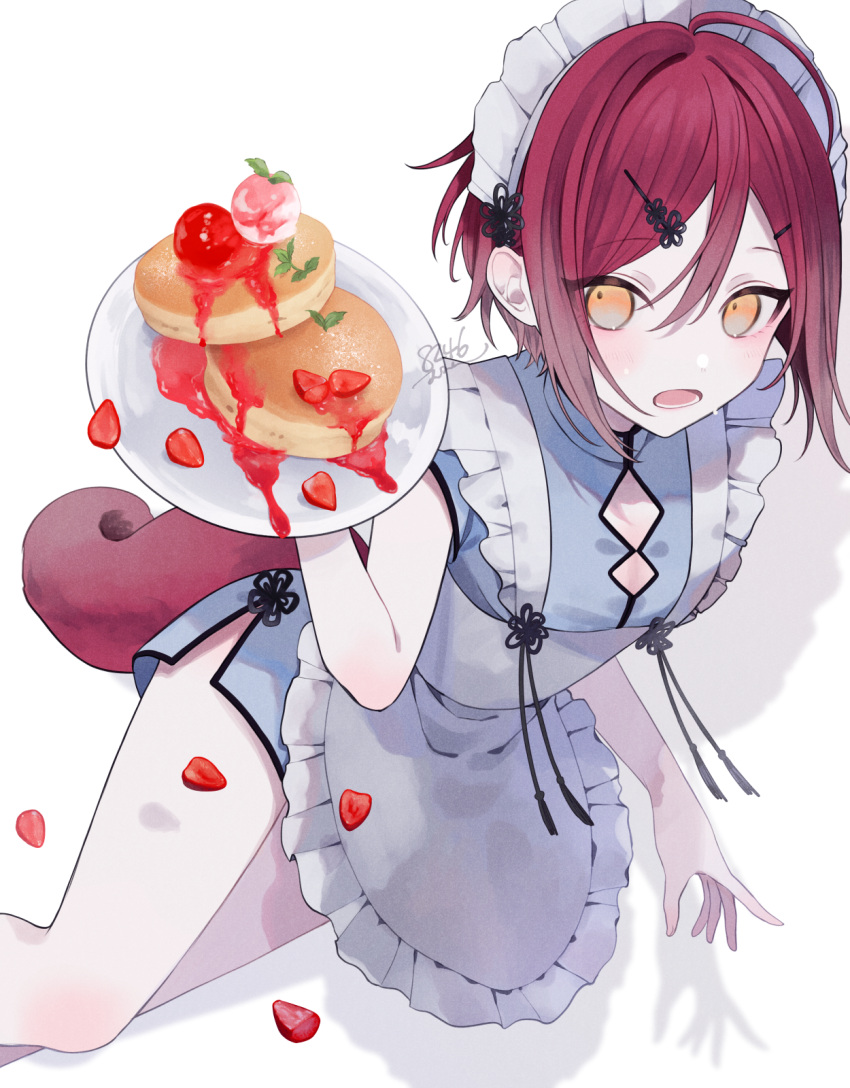 1girl apron blue_dress blush dress food fruit grey_background hair_ornament hairpin highres holding holding_plate maid maid_apron maid_headdress muon open_mouth original pancake pancake_stack plate red_hair short_hair short_sleeves strawberry tail white_apron white_headdress yellow_eyes