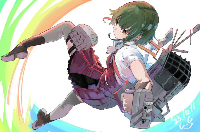 1girl adapted_turret aqua_bow aqua_bowtie bob_cut boots bow bowtie braid brown_eyes cannon dated gegeron green_hair grey_thighhighs highres holding holding_turret kantai_collection machinery pleated_skirt purple_skirt purple_vest rigging school_uniform shirt short_hair short_hair_with_long_locks short_sleeves side_braids sidelocks signature skirt smokestack solo takanami_(kancolle) takanami_kai_ni_(kancolle) thighhighs torpedo_launcher torpedo_tubes turret unworn_vest vest wavy_hair white_background