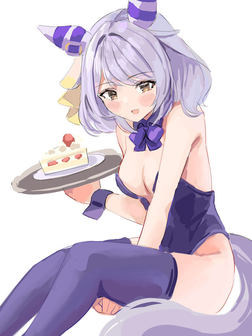 1girl absurdres alternate_costume animal_ears blush breasts brown_eyes cake cleavage commentary_request food grey_hair highres hishi_miracle_(umamusume) holding horse_ears horse_girl horse_tail medium_breasts medium_hair nontraditional_playboy_bunny open_mouth partial_commentary plate ribbon solo tail tray tsurubami_(gaad5227) umamusume white_background