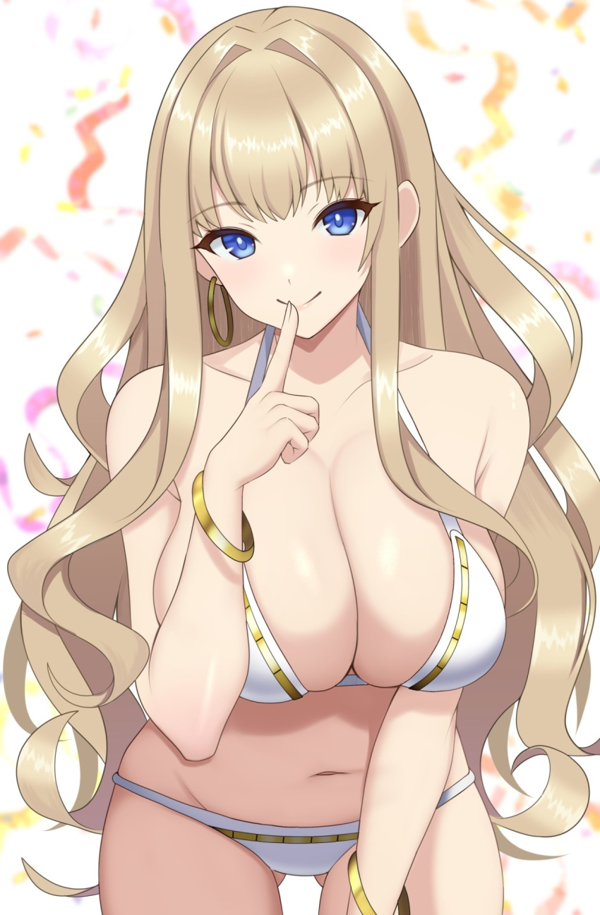 1girl ass_visible_through_thighs bare_shoulders bikini blonde_hair blue_eyes bracelet breasts cleavage closed_mouth collarbone confetti dolphin_wave earrings gold_bracelet gold_trim highres hoop_earrings index_finger_raised jewelry kirahoshi_kanna large_breasts leaning_forward long_hair looking_at_viewer navel single_earring smile solo stomach surippa1010 swimsuit very_long_hair white_bikini