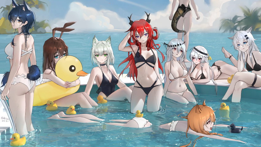 6+girls absurdres amiya_(arknights) animal_ears arknights ass bikini black_bikini black_collar black_hair black_one-piece_swimsuit blue_eyes blue_sky breasts brown_hair cat_ears cat_girl ceobe_(arknights) cleavage collar crossed_legs dated demon_girl demon_horns dog_ears dog_girl duck_innertube eunectes_(arknights) extra_ears fang fang_out floating green_eyes green_hair grey_hair hair_between_eyes hair_down hair_ornament hairclip head_rest headgear highres horns hugging_object kal'tsit_(arknights) lappland_(arknights) large_breasts long_hair looking_at_viewer looking_back lying multiple_girls navel no_tail on_stomach one-piece_swimsuit outdoors palm_tree puppy_(user_kfpt4478) rabbit_ears rabbit_girl red_eyes red_hair ripples rubber_duck scar scar_across_eye short_hair signature sitting skadi_(arknights) skadi_the_corrupting_heart_(arknights) sky small_breasts snake_tail soaking_feet specter_(arknights) specter_the_unchained_(arknights) stomach surtr_(arknights) swimsuit tail texas_(arknights) tree wading water wet white_bikini white_hair wolf_ears wolf_girl yellow_eyes