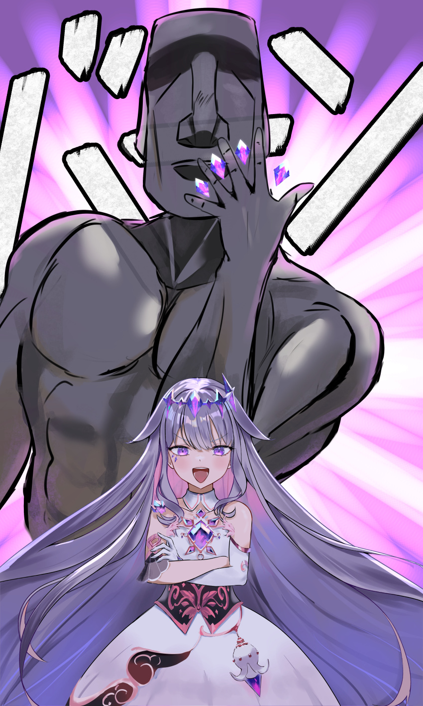 1girl absurdres bare_shoulders collar collarbone colored_inner_hair crossed_arms detached_collar dress elbow_gloves gem gloves grey_hair headpiece highres hololive hololive_english jojo_no_kimyou_na_bouken koseki_bijou moai multicolored_hair muscular muscular_male open_mouth pink_hair purple_eyes purple_gemstone single_elbow_glove sleeveless sleeveless_dress stand_(jojo) strapless strapless_dress virtual_youtuber white_collar white_dress white_gloves xsilentred
